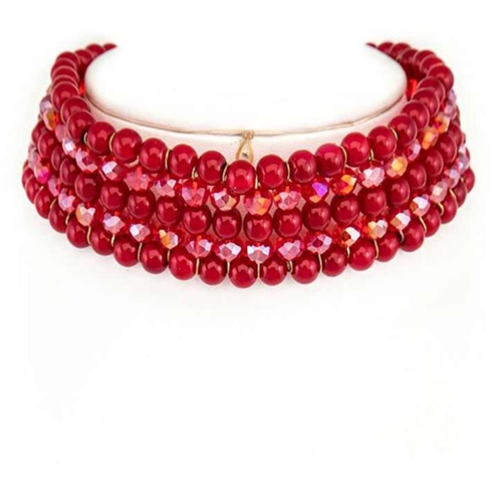 Sexy Red 5 Rows Pearl Choker Statement Necklace